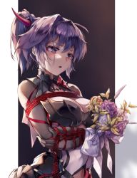 Rule 34 | 1girl, black gloves, blush, bound, bouquet, breasts, cleavage, elbow gloves, flower, gloves, hair between eyes, hair ornament, holding, holding bouquet, honkai (series), honkai impact 3rd, open clothes, open mouth, paid reward available, ponytail, purple eyes, purple flower, purple hair, purple rose, raiden mei, raiden mei (danzai spectramancer), rose, solo, zomzomzomsauce