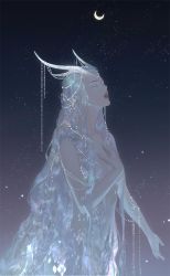 Rule 34 | androgynous, animal ears, chain, cowboy shot, deer ears, closed eyes, from side, gender request, glowing, hair ornament, highres, long hair, moon, music, nude, original, scales, singing, sky, solo, sparkle, star (sky), starry sky, very long hair, wavy hair, white hair, zzzi gn