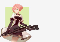 Rule 34 | 1girl, absurdres, black bow, black bowtie, black dress, black gloves, blaser r93, bolt-action rifle, bolt action, bow, bowtie, breasts, chinese commentary, cleavage, closed mouth, commentary request, cowboy shot, dress, elbow gloves, girls&#039; frontline, gloves, green background, green eyes, grey background, gun, hair bun, highres, holding, holding gun, holding weapon, looking at viewer, medium breasts, mudined, pink hair, prototype design, r93 (girls&#039; frontline), rifle, short sleeves, single hair bun, smile, sniper rifle, solo, straight-pull rifle, straight pull, two-tone background, two-tone dress, weapon, white dress
