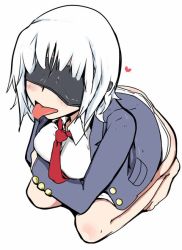 Rule 34 | 1girl, blindfold, blush, bottomless, female focus, from above, heart, henoeno, md5 mismatch, necktie, resized, short hair, solo, tongue, tongue out, white hair