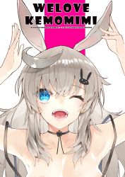 Rule 34 | 1girl, :d, absurdres, ahoge, animal ears, arms up, black choker, blue eyes, bra strap, breasts, choker, commentary request, crossed bangs, grey hair, hair between eyes, hair ornament, hands up, highres, kou mashiro, large breasts, long hair, looking at viewer, one eye closed, open mouth, original, rabbit ears, rabbit hair ornament, smile, solo, upper body