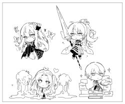 Rule 34 | 4girls, angela (project moon), ap5ry, ascot, book, book stack, chibi, closed mouth, coat, greyscale, hair down, heart, high ponytail, holding, holding heart, holding polearm, holding weapon, insect wings, lance, library of ruina, long hair, looking at viewer, monochrome, multiple girls, official alternate costume, official alternate hairstyle, one side up, pants, polearm, project moon, shoes, short hair, slime (substance), smile, sparkle, very long hair, weapon, wings