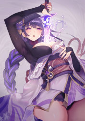 Rule 34 | 1girl, blush, braid, breasts, bridal gauntlets, cleavage, commentary request, drawing sword, electricity, floral print, flower, genshin impact, hair ornament, highres, holding, holding sword, holding weapon, human scabbard, japanese clothes, kimono, lace, lace-trimmed panties, lace trim, large breasts, long hair, looking at viewer, magatama, mole, mole under eye, musou isshin (genshin impact), nail polish, obi, obiage, obijime, open mouth, paid reward available, panties, purple eyes, purple flower, purple hair, purple nails, raiden shogun, revision, ribbon, sash, simple background, solo, sukoyaka93, sword, tassel, thighhighs, underwear, vision (genshin impact), weapon, white background