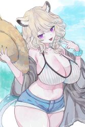 Rule 34 | 1girl, absurdres, animal ear fluff, aqua nails, arknights, bikini, blue background, blue tail, breasts, cleavage, cowboy shot, hat, highres, holding, holding clothes, holding hat, large breasts, open clothes, open mouth, purple eyes, rocb, smile, solo, striped bikini, striped clothes, swimsuit, thick thighs, thighs, utage (arknights), utage (summer flowers) (arknights), v