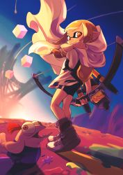 Rule 34 | 1girl, absurdres, backlighting, bike shorts, bow (weapon), cape, cube, female focus, fisheye, highres, holding, holding bow (weapon), holding weapon, hood, hooded cape, ink tank (splatoon), inkling player character, kidori, looking at viewer, nintendo, orange eyes, orange hair, pointy ears, shadow, shoes, solo, splatoon (series), splatoon 3, standing, sunrise, tentacle hair, weapon, white cape, wind