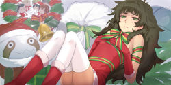 Rule 34 | 1girl, amane suzuha, bare shoulders, bell, boots, bow, breasts, christmas, closed mouth, covering privates, covering breasts, dress, embarrassed, fur-trimmed boots, fur trim, gift bag, green eyes, green hair, highres, hiyajou maho, lips, long hair, looking at viewer, lying, makise kurisu, menomorute, off-shoulder dress, off shoulder, okabe rintarou, on back, red dress, red footwear, ribbon, santa dress, shiina mayuri, short dress, small breasts, solo, steins;gate, steins;gate 0, taut clothes, thick eyebrows, thighhighs, thighs, upa (steins;gate), urushibara ruka, white thighhighs, wreath