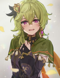 Rule 34 | 1girl, blush, capelet, collei (genshin impact), commentary, crossed bangs, detached sleeves, earrings, facing viewer, genshin impact, green capelet, green hair, hair ornament, hand on own chest, high collar, highres, jewelry, lana (akhrne), long sleeves, medium hair, open mouth, puffy long sleeves, puffy sleeves, purple eyes, signature, single earring, smile, solo, upper body