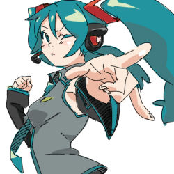 Rule 34 | 1girl, :&lt;, armpits, blush, blush stickers, face, foreshortening, green eyes, green hair, hatsune miku, headphones, m/, matching hair/eyes, necktie, non-web source, one eye closed, pointing, sketch, solo, twintails, vocaloid, wink