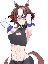Rule 34 | 1girl, animal ears, armpits, arms up, bike shorts, black shirt, black shorts, breasts, brown eyes, brown hair, cleavage cutout, closed mouth, clothing cutout, elbow gloves, frown, gloves, groin, halterneck, hands in hair, high collar, highres, horse ears, horse girl, horse tail, kamen no hito, looking at viewer, medium breasts, multicolored hair, muscular, muscular female, navel, shirt, short hair, shorts, simple background, sirius symboli (umamusume), sleeveless, sleeveless shirt, solo, standing, tail, two-tone hair, umamusume, white background, white gloves, white hair