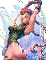 Rule 34 | 1girl, ahoge, armpits, arms up, artist name, ass, bare shoulders, beret, blonde hair, blue eyes, braid, breasts, cammy white, camouflage, commentary, facial scar, fingerless gloves, fingernails, gloves, green leotard, hat, highleg, highleg leotard, highres, interlocked fingers, leotard, lips, long hair, looking at viewer, medium breasts, mitsu plus, parted lips, scar, scar on cheek, scar on face, signature, sleeveless, solo, street fighter, street fighter 6, stretching, thighs, twin braids, twintails