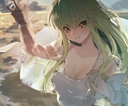 Rule 34 | 1girl, beach, breasts, c.c., camisole, cleavage, cloud, code geass, creayus, green eyes, long hair, long sleeves, medium breasts, outdoors, parted lips, see-through, see-through shirt, sky, smile, solo, upper body, white camisole, wind, wind lift, yellow eyes