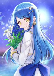 Rule 34 | 1girl, blue bow, blue hair, blue sky, blunt bangs, blush, bouquet, bow, commentary request, dress, fish earrings, flower, holding, holding bouquet, jacket, live union, long hair, looking at viewer, ocean, sidelocks, sky, smile, split mouth, sunlight, toto setono (live union), uruha (yw1109), virtual youtuber, vocaloid, vsinger, white dress, white jacket, yellow eyes