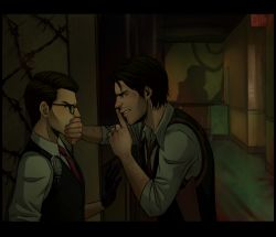 Rule 34 | 2boys, black hair, collared shirt, dark, exit sign, facial hair, finger to mouth, glasses, gloves, highres, indoors, jewelry, joseph oda, looking at another, male focus, multiple boys, noah asai, red neckwear, ring, sebastian castellanos, shadow, shirt, shushing, sign, sleeves rolled up, striped neckwear, stubble, the evil within, vest, white shirt