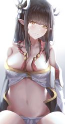 Rule 34 | 1girl, bare shoulders, black hair, breasts, facing viewer, fundoshi, hair ornament, highres, japanese clothes, long hair, looking at viewer, midriff, minoto, moda (mo da 3), monster hunter (series), monster hunter rise, open clothes, open shirt, pointy ears, white background, yellow eyes