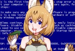 Rule 34 | 10s, 1girl, :d, animal ears, bare shoulders, blood, blood from mouth, blood on face, blue screen of death, bob cut, claws, disco brando, empty eyes, english text, gloves, hair between eyes, head tilt, holding, kemono friends, looking at viewer, nosebleed, open mouth, orange hair, round teeth, serval (kemono friends), serval print, short hair, sleeveless, smile, solo, teeth, upper body, wall of text, white gloves