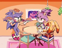 Rule 34 | 1boy, 2girls, animal ears, blaze the cat, blue fur, cat ears, cat girl, chair, charmy bee, cheese (sonic), chili dog, chocola (sonic), closed eyes, cream the rabbit, flower, food, forehead jewel, furry, furry female, gloves, green eyes, highres, holding, holding tray, marine the raccoon, multiple girls, on chair, open mouth, paint on body, ponytail, purple fur, rabbit ears, rabbit girl, rabbit tail, rfts10919, rose, sitting on book, smile, sonic (series), sonic the hedgehog, table, tail, tails (sonic), tray, white gloves, yellow eyes
