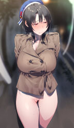 Rule 34 | 1girl, arms behind back, beret, black hair, blue hat, blurry, blurry background, blush, bottomless, breasts, brown jacket, buttons, censored, closed mouth, commission, double-breasted, female pubic hair, hat, highres, jacket, kantai collection, large breasts, long sleeves, nanaichi, pubic hair, public indecency, public nudity, pussy juice, red eyes, short hair, skeb commission, solo, takao (kancolle), tears