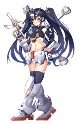 Rule 34 | armor, bare shoulders, belly, belt, bimmy, black hair, boots, breasts, frown, gloves, highres, leggings, long hair, medium breasts, midriff, navel, neptune (series), noire (neptunia), red eyes, ribbon, thighs, tsundere, twintails, very long hair