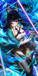 1girl animal_ear_fluff animal_ears black_gloves black_hair black_pantyhose black_skirt blunt_bangs closed_mouth dress_shirt fingerless_gloves fox_ears fox_girl gauntlets gloves green_jacket hashtag-only_commentary high-waist_skirt highres holding holding_sword holding_weapon hoshimi_miyabi jacket katana liang_xing long_hair looking_at_viewer pantyhose serious shirt sidelocks single_fingerless_glove skirt solo sword weapon white_shirt zenless_zone_zero