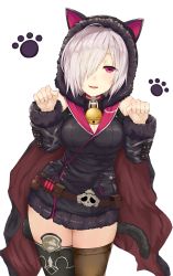Rule 34 | 1girl, absurdres, animal ears, breasts, cape, cat ears, cleavage, fur trim, hair over one eye, highres, hood, hood up, hoodie, large breasts, legs, long sleeves, looking at viewer, parted lips, red eyes, shadowverse, shingeki no bahamut, short hair, simple background, solo, thighhighs, thighs, white hair, wizardess of oz, yamato (muchuu paradigm)
