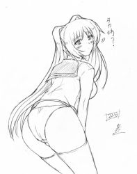 Rule 34 | 00s, 1girl, arm support, back, blush, greyscale, hair intakes, hands on own thighs, hands on thighs, kousaka tamaki, leaning forward, long hair, looking at viewer, looking back, monochrome, no pants, panties, school uniform, serafuku, solo, standing, thighhighs, to heart (series), to heart 2, underwear, yasakani an