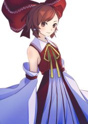 Rule 34 | 1girl, adapted costume, alternate hair length, alternate hairstyle, bow, brown eyes, brown hair, commentary request, detached sleeves, hair bow, hair tubes, hakurei reimu, highres, huge bow, kamabokopic, long sleeves, looking at viewer, neck ribbon, red shirt, red skirt, ribbon, shirt, short hair, simple background, skirt, solo, swept bangs, touhou, upper body, white background, yellow ribbon