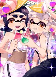 Rule 34 | 2girls, bare shoulders, black hair, black pants, blunt bangs, blush stickers, breasts, callie (splatoon), cowboy shot, cup, drinking glass, fangs, food, food on head, fruit, grey hair, grin, groin, hand up, head tilt, heart, highres, holding, holding cup, inkling, lemon, lemon slice, long hair, looking at viewer, marie (splatoon), medium hair, midriff, mole, mole under eye, multicolored background, multiple girls, navel, nintendo, object on head, official alternate costume, official alternate hairstyle, one eye closed, open mouth, orange eyes, oyster, pants, pencil skirt, pinky out, pointy ears, sahata saba, shrimp, sidelocks, skirt, small breasts, smile, sparkle, splatoon (series), splatoon 3, star-shaped pupils, star (symbol), strapless, suction cups, suspenders, symbol-shaped pupils, tentacle hair, tube top, twintails, very long hair, white tube top, wine glass, zipper, zipper pull tab