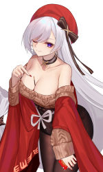 Rule 34 | 1girl, ;), aran sweater, arm support, arm under breasts, azur lane, belfast (azur lane), belfast (shopping with the head maid) (azur lane), beret, black skirt, blush, breast hold, breasts, brown sweater, cable knit, choker, cleavage, collarbone, earrings, eternity (pixiv8012826), food, hand up, hat, high-waist skirt, highres, holding, holding food, hoop earrings, jewelry, large breasts, leaning forward, long hair, looking at viewer, mouth hold, nail polish, off-shoulder sweater, off shoulder, one eye closed, pocky, pointing, silver hair, simple background, skirt, smile, solo, sweater, white background