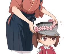 Rule 34 | 10s, 2girls, bad id, bad pixiv id, blush, brown hair, flower, houshou (kancolle), japanese clothes, kantai collection, kisetsu, lowres, multiple girls, open mouth, pantyhose, ryuujou (kancolle), translation request, twintails, visor cap, wreath, aged down