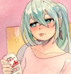 Rule 34 | 1girl, :p, alcohol, aqua hair, asymmetrical sidelocks, blush, box, can, collarbone, commentary, drink can, earrings, english commentary, fei (bell fei), hair between eyes, hatsune miku, highres, holding, holding can, jewelry, long hair, looking to the side, painting (medium), pink background, pink shirt, shirt, sidelocks, simple background, solo, tongue, tongue out, traditional media, twintails, upper body, vocaloid, watercolor (medium), white nails