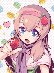 Rule 34 | 1girl, alice margatroid, blue eyes, blush, breasts, cookie (touhou), eyebrows, food, fruit, hairband, heart, holding, holding food, holding fruit, ichigo (cookie), long hair, looking at viewer, medium breasts, open mouth, pika (seiga797047), smile, solo, strawberry, touhou, upper body