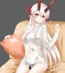 Rule 34 | bad id, bad pixiv id, black panties, censored, couch, fate/grand order, fate (series), hair ribbon, highres, horns, jun (aousa0328), looking at viewer, panties, red eyes, ribbon, shirt, sitting, solo, tomoe gozen (fate), underwear, white shirt