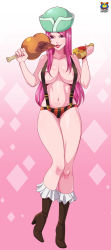 Rule 34 | 1girl, absurdres, boots, breasts, female focus, food, full body, highres, jewelry bonney, kyoffie, large breasts, looking at viewer, one piece, pink hair, solo, standing, suspenders