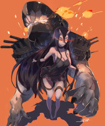 Rule 34 | 10s, 1girl, absurdres, abyssal ship, battleship princess, bigegg, black dress, black hair, breasts, cannon, cleavage, dress, glowing, glowing eyes, highres, horns, kantai collection, long hair, monster, red eyes, short dress, skin-covered horns, solo, turret, very long hair