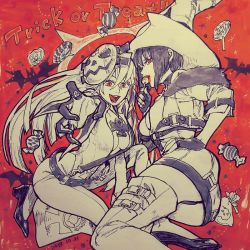 Rule 34 | 2girls, arc system works, black hair, breasts, cleavage, fingerless gloves, gloves, guilty gear, guilty gear xrd, halloween, hat, i-no, jack-o&#039; valentine, large breasts, lipstick, long hair, looking at viewer, makeup, multiple girls, red eyes, smile, witch hat