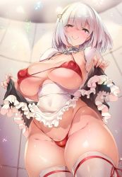 Rule 34 | 1girl, anchor choker, azur lane, bikini, bikini under clothes, blush, breasts, choker, closed mouth, clothes lift, collarbone, covered erect nipples, dress, dress lift, fingernails, frilled choker, frills, from below, groin, hair between eyes, hairband, half-closed eyes, highleg, highleg bikini, highres, lace-trimmed hairband, lace trim, large breasts, lifted by self, looking at viewer, looking down, micro bikini, puffy sleeves, red bikini, red eyes, red ribbon, ribbon, ribbon-trimmed legwear, ribbon trim, shiny skin, short hair, short sleeves, sidelocks, sirius (azur lane), smile, solo, sparkle, standing, sweat, swimsuit, thick thighs, thighhighs, thighs, thomasz, white hair, white thighhighs