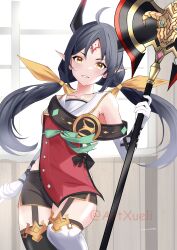 Rule 34 | absurdres, apocalypse ravi (epic seven), axe, epic seven, highres, holding, holding axe, horns, huge weapon, low twintails, pointy ears, ravi, thighs, twintails, weapon, xueli shimazaki