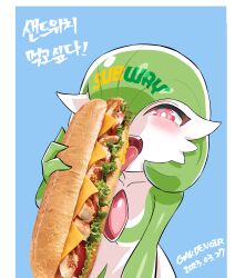 Rule 34 | 1girl, absurdres, character name, company name, creatures (company), dated, ddingyong, fellatio, food, game freak, gardevoir, gen 3 pokemon, green hair, hair over one eye, highres, holding, holding food, meme, nintendo, oral, photo inset, pokemon, pokemon (creature), red eyes, sandwich, simple background, simulated fellatio, subway (company), teeth, tongue, tongue out, upper teeth only, watermark