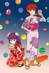 Rule 34 | 2girls, asa no ha (pattern), blue eyes, braid, candy apple, corn, eating, floral print, flower, food, full body, genderswap, genderswap (mtf), geta, hac9, hair flower, hair ornament, hand fan, japanese clothes, kimono, kneeling, multiple girls, paper fan, pink kimono, ponytail, print kimono, purple hair, ranma-chan, ranma 1/2, red eyes, red hair, red kimono, sandals, saotome ranma, shampoo (ranma 1/2), single braid, uchiwa, yukata