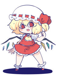 Rule 34 | 1girl, ascot, blonde hair, blush, bobby socks, chahan (fried rice0614), clenched hand, collared shirt, crystal wings, fang, flandre scarlet, frilled ascot, frilled shirt collar, frilled skirt, frilled sleeves, frilled socks, frills, full body, hair between eyes, hand up, hat, hat ribbon, highres, mary janes, mob cap, one side up, puffy short sleeves, puffy sleeves, red eyes, red footwear, red ribbon, red skirt, red vest, ribbon, shadow, shirt, shoes, short hair, short sleeves, simple background, skirt, skirt set, socks, solo, touhou, vest, white background, white hat, white shirt, white socks, wings, yellow ascot