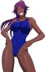 Rule 34 | 1girl, bleach, breasts, cameltoe, competition swimsuit, covered erect nipples, covered navel, curvy, dark-skinned female, dark skin, female focus, game cg, grin, hands on own hips, highleg, highleg swimsuit, highres, large breasts, lime (purple haze), long hair, looking at viewer, nipples, one-piece swimsuit, ponytail, purple hair, shihouin yoruichi, shiny skin, simple background, skin tight, smile, solo, speedo (company), swimsuit, thigh gap, white background, yellow eyes