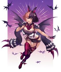 Rule 34 | 1girl, animal ears, bat (animal), bat girl, bat wings, black gloves, black hair, boots, breasts, cleavage, commission, e (eokiba), garter straps, gloves, hex juice, highres, indie virtual youtuber, large breasts, leaning forward, looking at viewer, medium hair, multicolored hair, open mouth, pink eyes, pink hair, red thighhighs, short shorts, shorts, skeb commission, smile, solo, split-color hair, thighhighs, virtual youtuber, wings