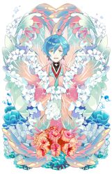 Rule 34 | 1boy, ahoge, air bubble, aqua kimono, black shirt, blue hair, bubble, choker, coral, coral earrings, coral reef, earrings, ensemble stars!, floating clothes, frills, green eyes, hagoromo, hair between eyes, haori, jacket, japanese clothes, jewelry, kimono, long sleeves, looking at viewer, male focus, official alternate costume, parted lips, pink jacket, seashell, shawl, shell, shinkai kanata, shirt, short hair, sleeves past fingers, sleeves past wrists, slothm22, smile, solo, straight-on, teeth, turtleneck, upper body, upper teeth only, white background, wide sleeves