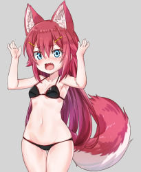 Rule 34 | 1girl, animal ears, bikini, black bikini, blue eyes, blush, breasts, cowboy shot, fang, hair ornament, hairband, hairclip, looking at viewer, navel, nyifu, open mouth, original, red hair, simple background, skindentation, small breasts, solo, standing, swimsuit, tail, thigh gap, w arms, wolf ears, wolf girl, wolf tail