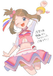 Rule 34 | 1girl, ;d, arm up, bow, bracelet, brown hair, commentary request, creatures (company), earrings, eyelashes, game freak, grey eyes, hair bow, hair ribbon, highres, jewelry, kikuyoshi (tracco), looking at viewer, may (pokemon), navel, nintendo, one eye closed, open mouth, pink bow, pokemon, pokemon oras, ribbon, shorts, shorts under skirt, simple background, skirt, smile, solo, teeth, tongue, translation request, upper teeth only, white background, yellow shorts