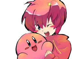 Rule 34 | 1girl, ahoge, blue eyes, blush, hair ornament, kirby, kirby (series), one eye closed, personification, pink hair, short hair, smile, solo, wink