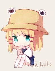 Rule 34 | 1girl, aqua eyes, beige background, blonde hair, chibi, closed mouth, cuivre, hat, looking to the side, moriya suwako, short hair, simple background, sitting, smile, solo, thighhighs, touhou, white thighhighs