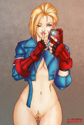 Rule 34 | 1girl, bilcassonato, bottomless, cammy white, commentary, english commentary, female pubic hair, finger to mouth, holding, holding phone, naughty face, navel, one eye closed, phone, pubic hair, pussy, self-upload, selfie, solo, street fighter, twitter username