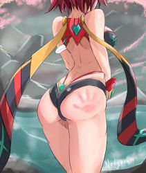 Rule 34 | 1girl, armor, artist request, ass, back, breasts, cleavage, fingerless gloves, gloves, handprint, large breasts, leaf, nintendo, one-piece swimsuit, pyra (pro swimmer) (xenoblade), pyra (xenoblade), red hair, rock, short hair, solo, swimsuit, water, xenoblade chronicles (series), xenoblade chronicles 2