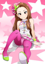 Rule 34 | 10s, 1girl, arm support, bracelet, brown hair, bug, butterfly, crotch seam, dress, earrings, flower, forehead, hair ornament, idolmaster, idolmaster (classic), idolmaster 2, insect, jewelry, long hair, looking at viewer, minase iori, panties, panties under pantyhose, pantyhose, pantyshot, pink pantyhose, red eyes, sitting, smile, solo, star (symbol), strapless, strapless dress, sunsun69, underwear